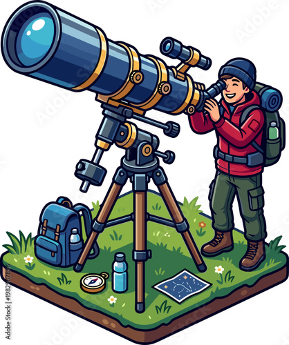 Backpacker observing night sky through large telescope on grassy campsite