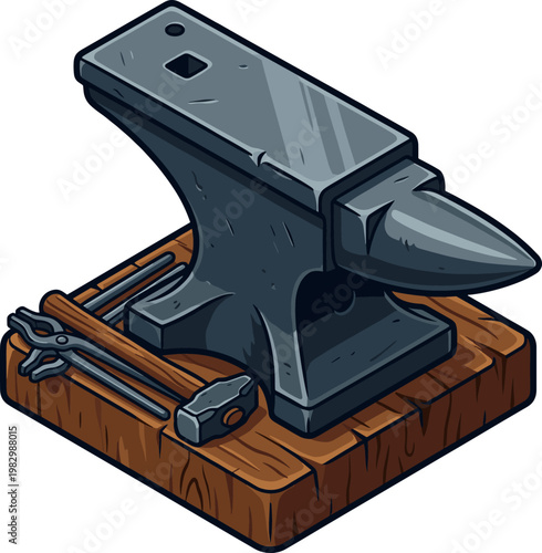Blacksmithing toolset featuring anvil hammer and tongs