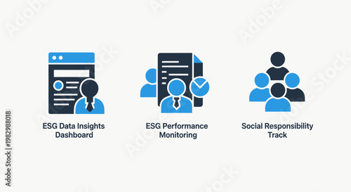 Esg and social responsibility icons: data performance tracking with responsibility insights performance monitoring tracking governance environment business analysis illustration interface