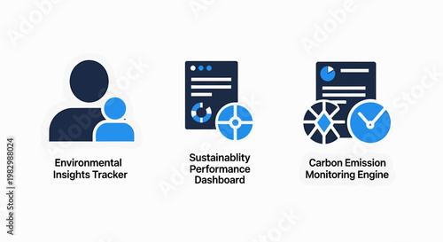 Environmental and sustainability icons: insights dashboard monitoring with environmental sustainability insights dashboard monitoring emission performance environment business information