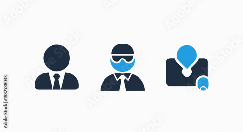 Business and professional icons: man with mask location pin business professional employee executive colleague protection location navigation coordinate placement illustration identity