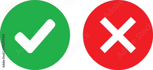 A pair of circular icons featuring a green check mark for yes and a red x for no on white background Vector