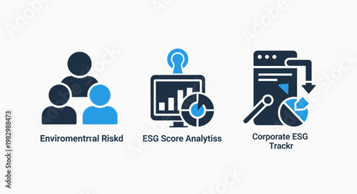Esg and sustainability icons: environmental risk score analysis governance tools with sustainability environmental governance analysis research development strategy management business