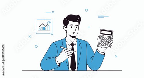 Accountant holding calculator and pen, with financial chart in background, business concept