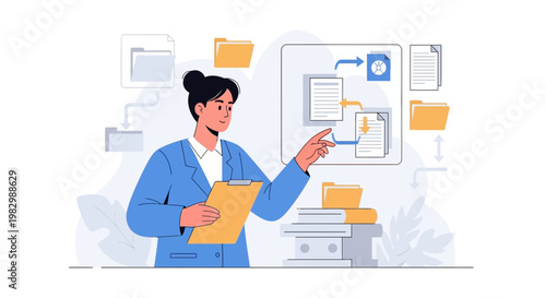 Businesswoman organizing files and data on a digital screen, workflow concept