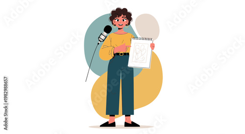 Artist presenting artwork with microphone, creative presentation, illustration