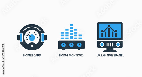 Sound monitoring and analysis icons with flat design noise pollution sound level meter audio analysis sound spectrum monitoring system data visualization measurement tool sound engineering