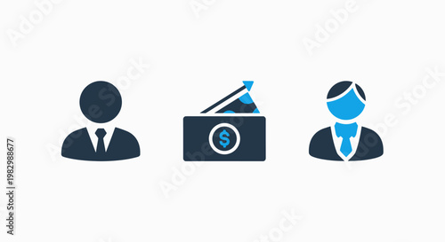 Business transaction icons: two men and a money box with dollar sign business transaction agreement exchange investment commerce currency illustration representation abstract management