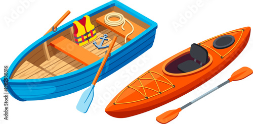 Blue wooden rowboat and orange kayak equipped with oars and safety gear