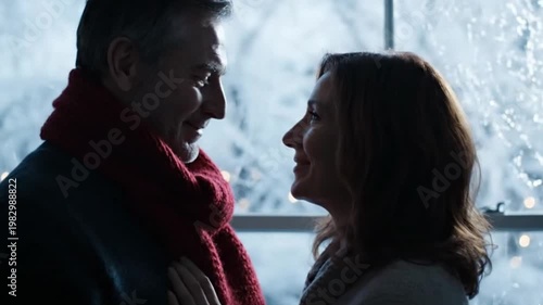 Wallpaper Mural Loving Mature Couple Sharing Romantic Moment by Frosty Winter Window with Warm Holiday Lights Indoors Torontodigital.ca
