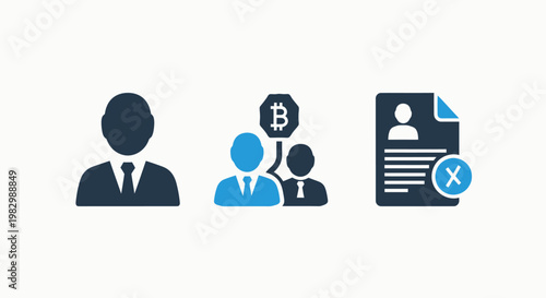 Corporate identity and financial technology icons representing a professional user profile cryptocurrency bitcoin networking a document rejection or account cancellation symbol business