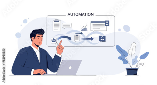 Business automation concept: man working on laptop with workflow diagram