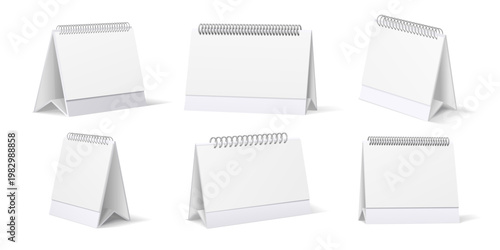 Set of six blank white trifold display easels with metal coil binding for presentations and signage