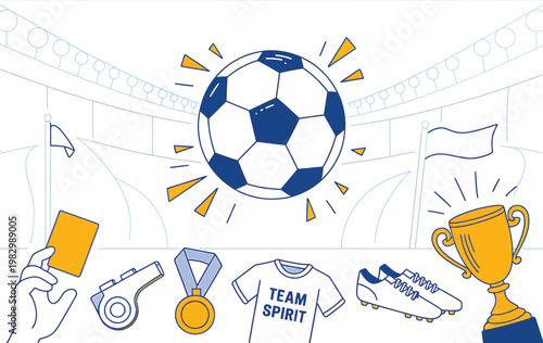 Soccer football sports equipment and awards in a stadium  soccer ball trophy medal t shirt cleats whistle referee card