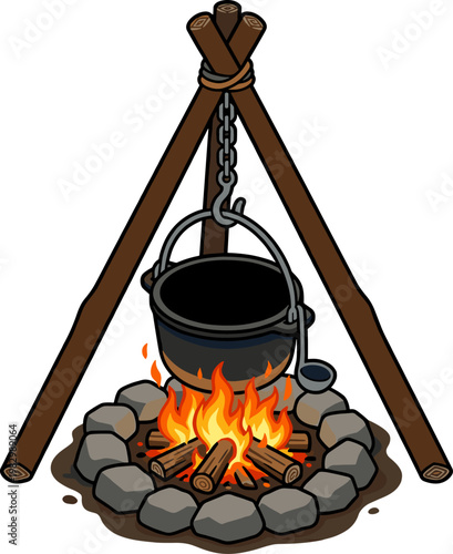 Cast iron pot suspended over a burning stone fire pit