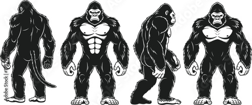 Gorilla warrior silhouette illustration, muscular beast artwork, fantasy creature design concept, black and white strong animal vector template set