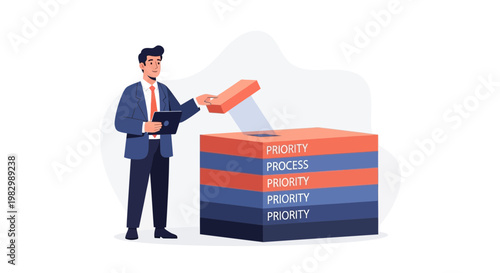 Businessman organizing tasks by priority and process in a stacked box