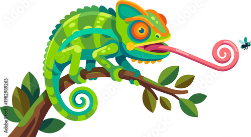 Colorful chameleon catching a fly with its tongue