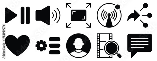 Online streaming icon set solid mix style for video media broadcast playback and digital entertainment