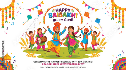 Happy Baisakhi celebration vector illustration depicting Punjabi people dancing and enjoying the vibrant harvest festival with traditional music and kites