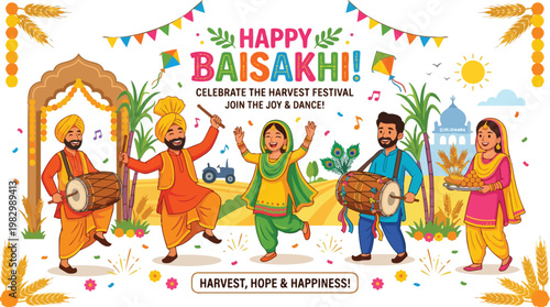 Happy Baisakhi celebration vector illustration with joyful Punjabi people dancing and playing dhol drums at the harvest festival
