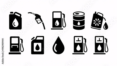A collection of black and white icons depicting various oil and gas related objects