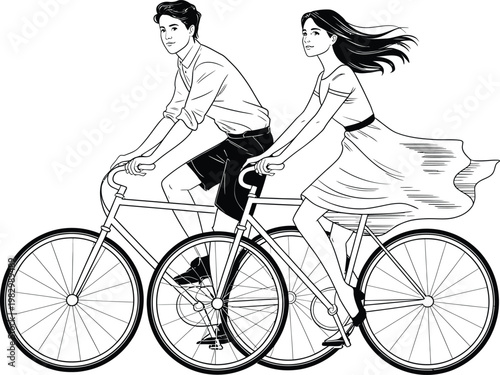 Young couple riding tandem bicycle together outdoors in summer  leisurely ride  happy friends enjoying bike ride  man and woman having fun cycling  tandem bike
