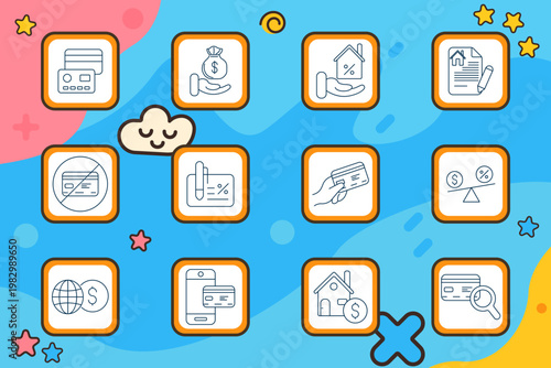 Banking finance set icon. Credit card, money bag in hand, house percentage in hand, real estate document, blocked card, signed check, card payment, balance scale, global currency, mobile payment