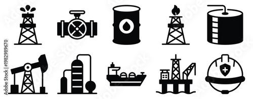 Oil gas industry icon set solid mix style for drilling refinery offshore and energy production