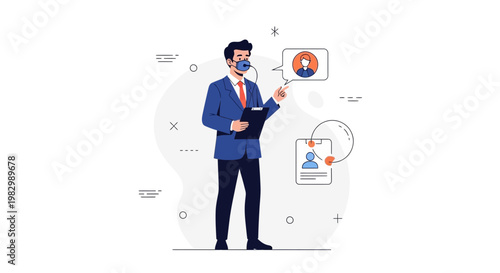 Businessman with mask and clipboard, virtual meeting, online communication, recruitment concept