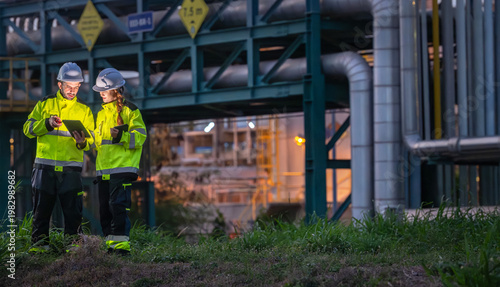 Canvastavla Petroleum engineering partners wearing safety uniform using laptop to monitor energy production and pointing with radio communication at fuel refinery plant during night shift operation