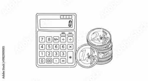 A calculator and stacks of euro coins, symbolizing financial calculation and currency