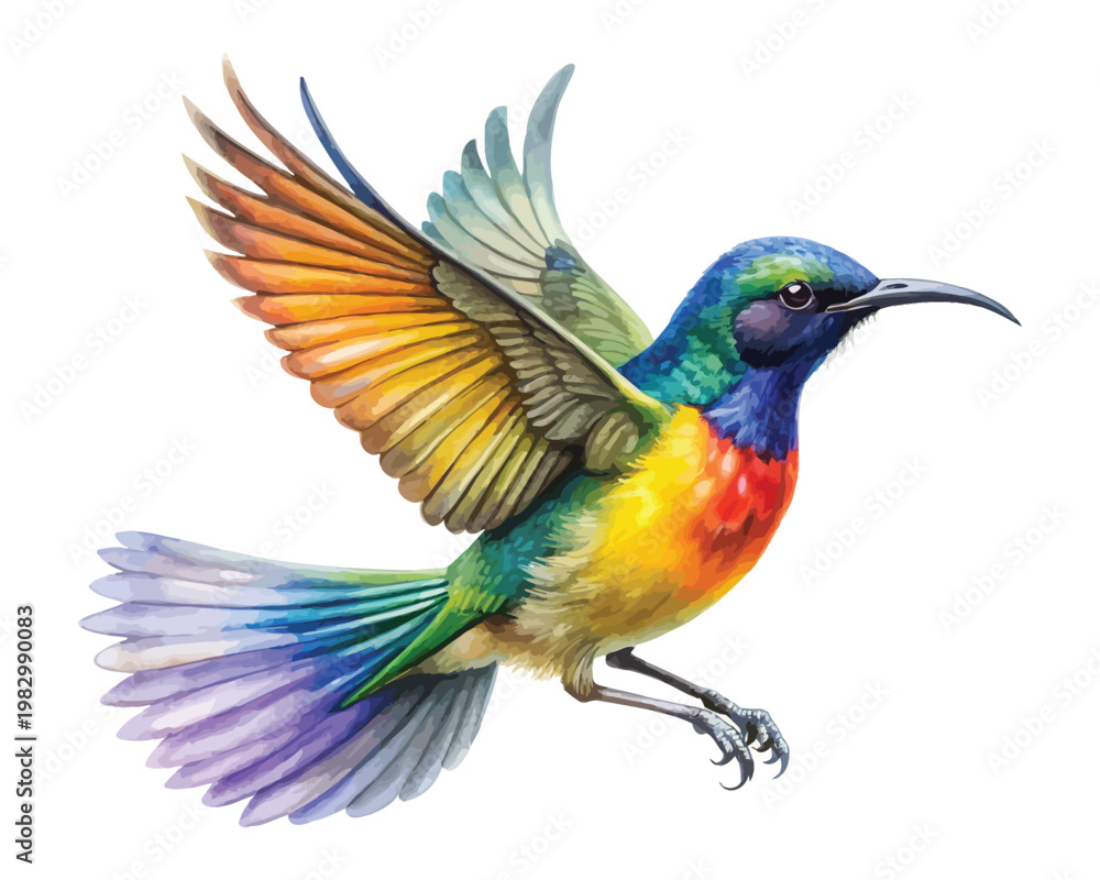 Fototapeta premium Watercolor Sunbird Clipart, Colorful Nectar Bird Illustration, Tropical Nature Art on White