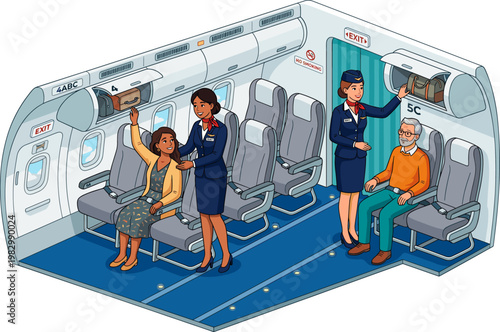 Flight attendants assisting passengers in airplane cabin