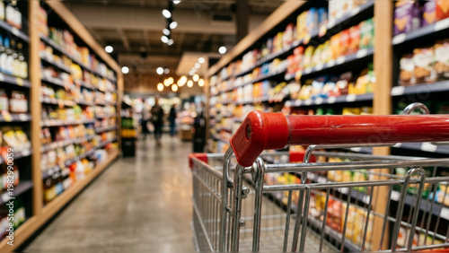 close up of a metallic shopping cart with handle in a blurred supermarket aisle for retail and consumerism concepts