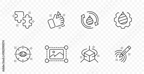 Creative tools set icon. Puzzle idea, like approval, recycle design, gear process, focus target, crop image, 3d object, stylus input