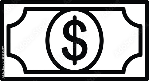 A simple black and white line art icon depicting a rectangular banknote with a dollar symbol Vector