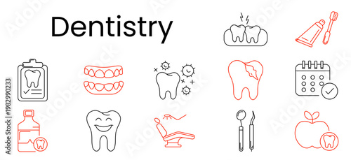 Dentistry set icon. Outline pictograms, tooth clipboard, dental braces, healthy tooth, cavity, calendar check, mouthwash bottle, smiling, dental chair, mirror tool, probe tool, apple