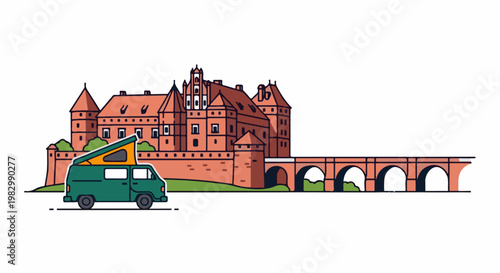 A camper van journeys past a grand castle and an arched bridge