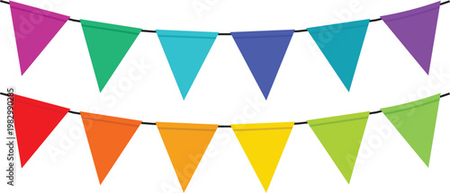 Colorful bunting flags strung across a transparent background for festive decoration and party ambiance creating joyful celebration and cheerful atmosphere.