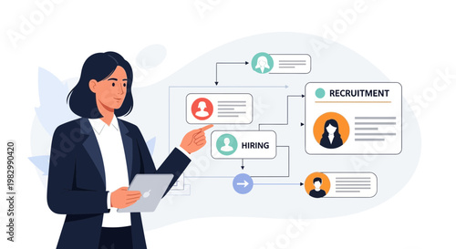 Businesswoman presenting recruitment and hiring process flowchart on digital tablet