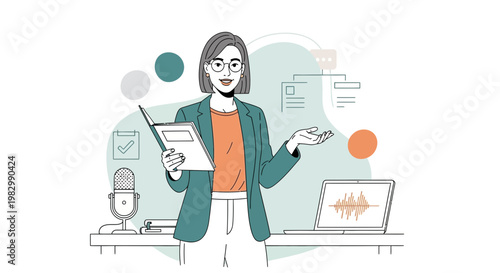 Businesswoman presenting, holding book, laptop with audio waves, microphone, flowchart