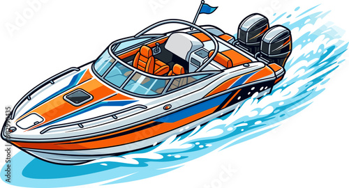 High speed motorboat racing through blue water