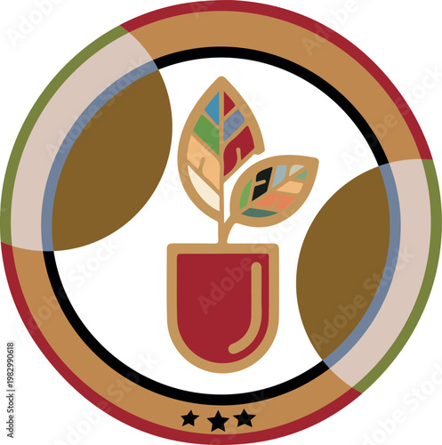 Sustainable agriculture badge with plant growth and soil in circular emblem