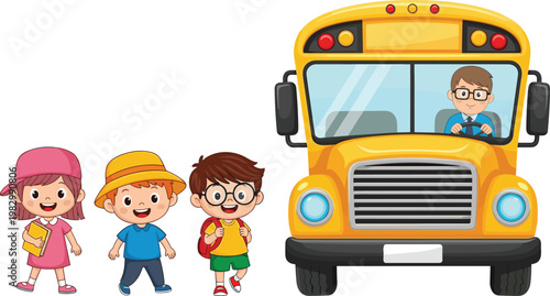 Happy School Kids Standing Near Yellow School Bus with Driver, Cute Cartoon Children Characters Back to School Transportation Vector Illustration Design.