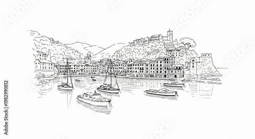 A black and white sketch of a charming coastal village with boats in the harbor