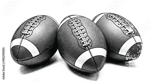 Three american footballs isolated on transparent background vintage style black and white illustration