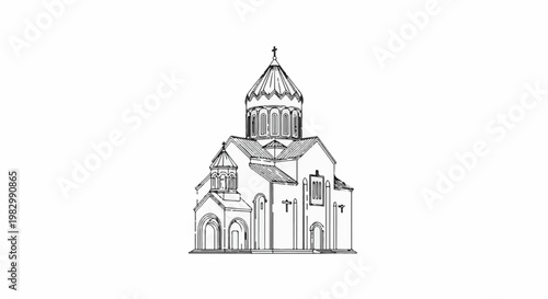 A black and white sketch of a domed church with a cross on top