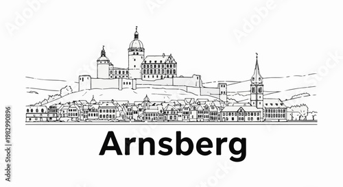 A black and white sketch depicts a sprawling town with a prominent castle atop a hill