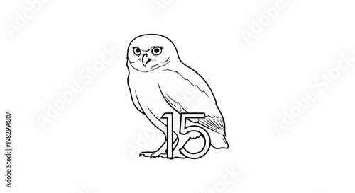 A black and white outline drawing of an owl with the number 15 incorporated